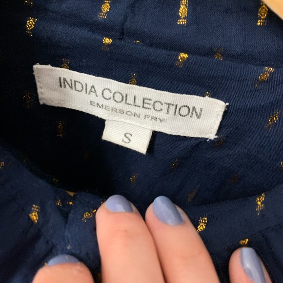 Emerson Fry India Collection Emmaline Top Blue Gold Metallic Blouse Maritime Dot - Picture 9 of 16